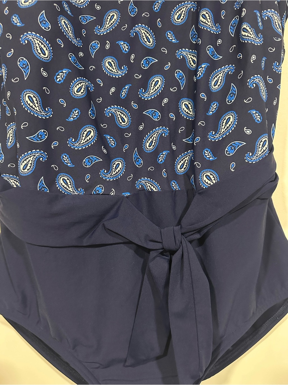 Lands End High Neck Tummy Control Belted One Piece Swimsuit Blue Paisley 18W - Picture 2 of 4